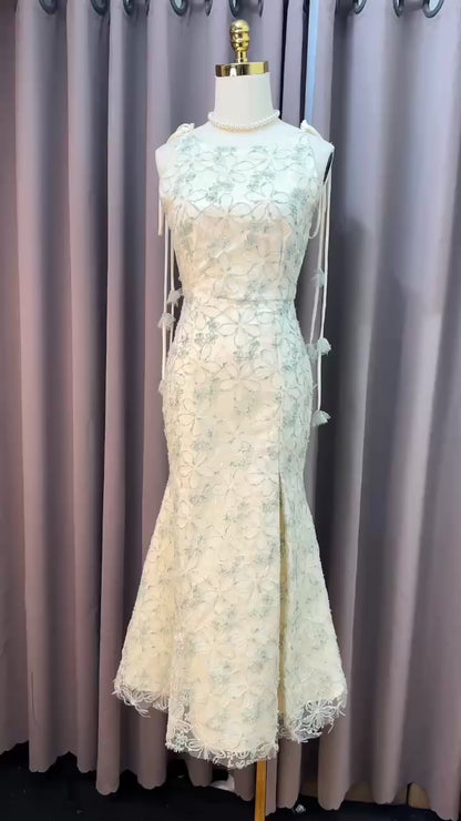 Đầm Dự Tiệc Dài Đuôi Cá Cổ Thuyền Chất Ren Hoa Màu Xanh, Màu Hồng D1430