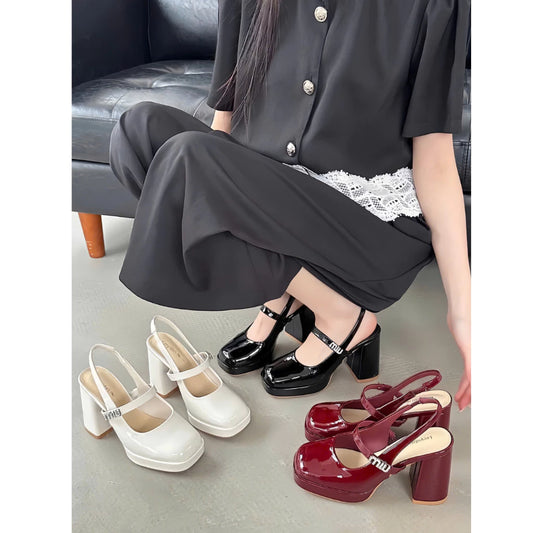 Giày Miu khóa bạc Gothic vuông cao 9cm đế ba bóng màu trắng kem, đỏ đô và màu đen sang chảnh G1156 - GMIU03