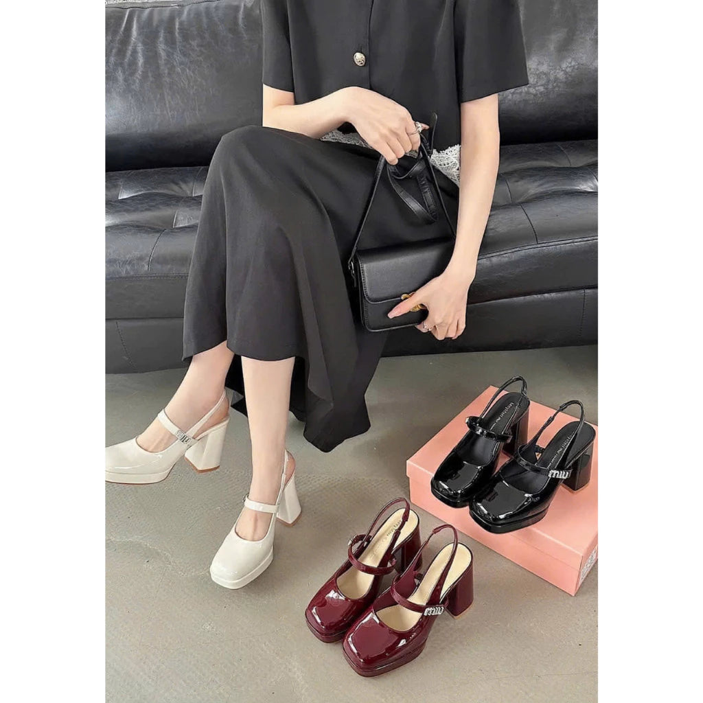 Giày Miu khóa bạc Gothic vuông cao 9cm đế ba bóng màu trắng kem, đỏ đô và màu đen sang chảnh G1156 - GMIU03