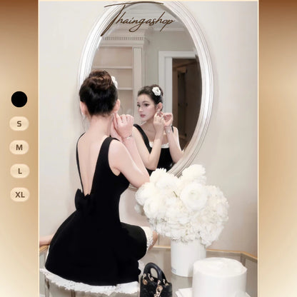 [Tặng Quần Bảo Hộ] Đầm dự tiệc xoè hai dây bảng cổ U viền ren tùng xoè nơ eo sang trọng size SML XL D1171