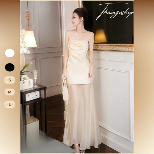 Đầm dự tiệc cúp xoắn kèm chân Váy voan lụa dài màu nude màu đen size SML sang trọng D1361