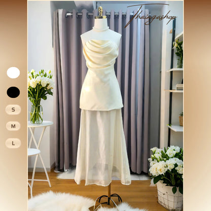 Đầm dự tiệc cúp xoắn kèm chân Váy voan lụa dài màu nude màu đen size SML sang trọng D1361