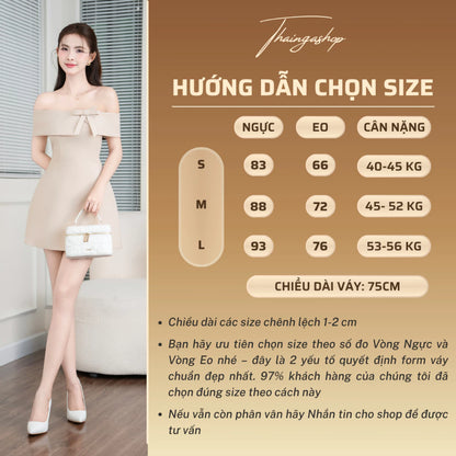 Đầm Dự Tiệc Trễ Vai Siết Eo Đính Nơ Dáng Ngắn Sang Trọng – Màu Sắc Khỏa Thân, Trắng, Đen – Size SML – Mã D1438