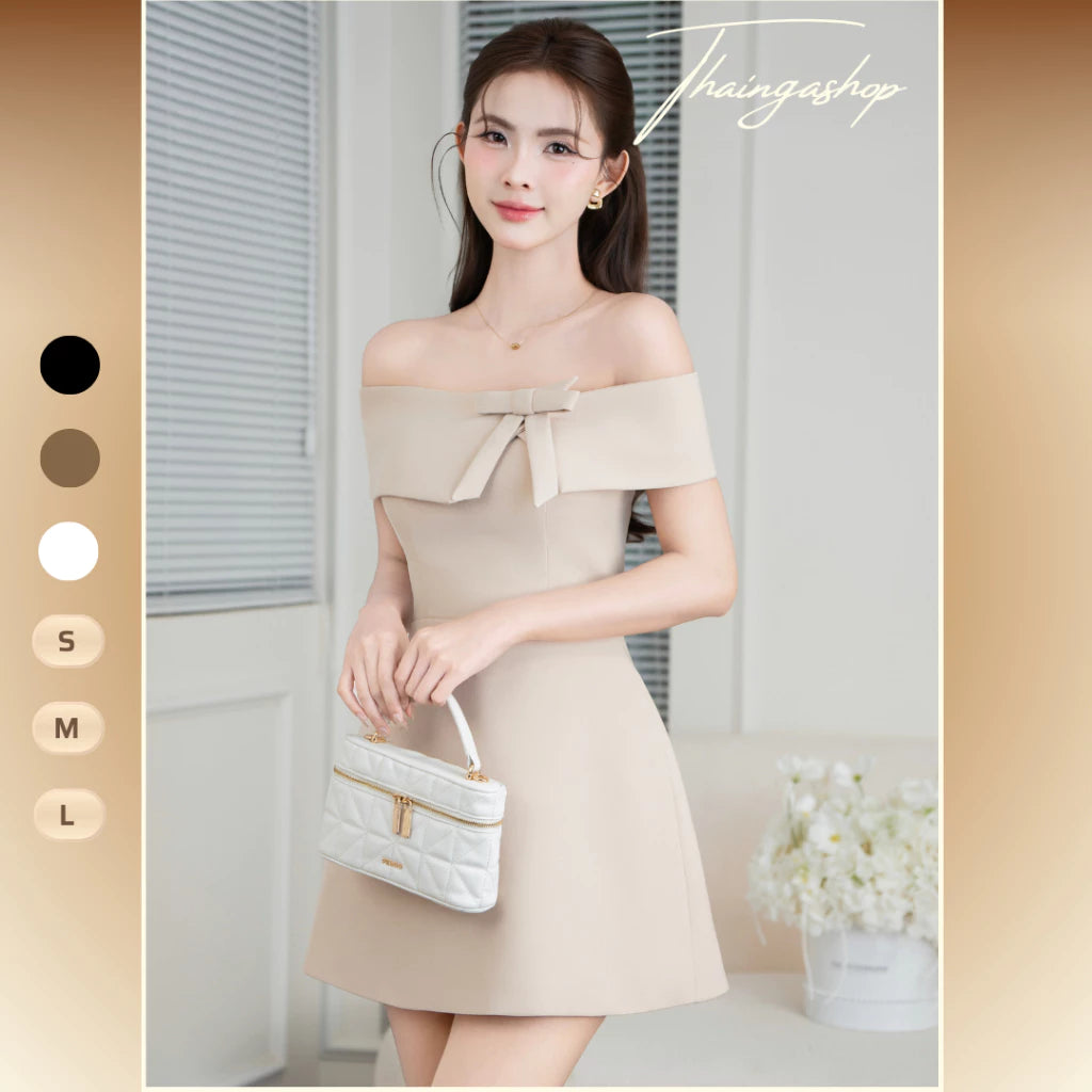 Đầm Dự Tiệc Trễ Vai Siết Eo Đính Nơ Dáng Ngắn Sang Trọng – Màu Sắc Khỏa Thân, Trắng, Đen – Size SML – Mã D1438