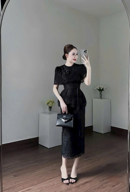 Đầm dự tiệc ren kiểu dáng dài đính lông vũ màu trắng, màu đen sang trọng đính kèm hoa size SML XL XXL D0929