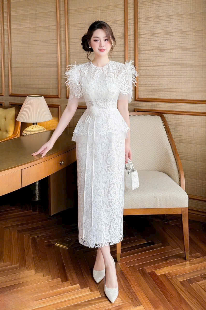 Đầm dự tiệc ren kiểu dáng dài đính lông vũ màu trắng, màu đen sang trọng đính kèm hoa size SML XL XXL D0929