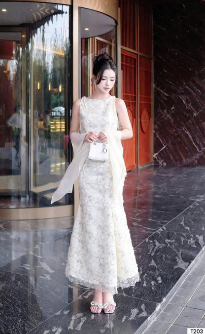 Đầm Dự Tiệc Dài Đuôi Cá Cổ Thuyền Chất Ren Hoa Màu Xanh, Màu Hồng D1430